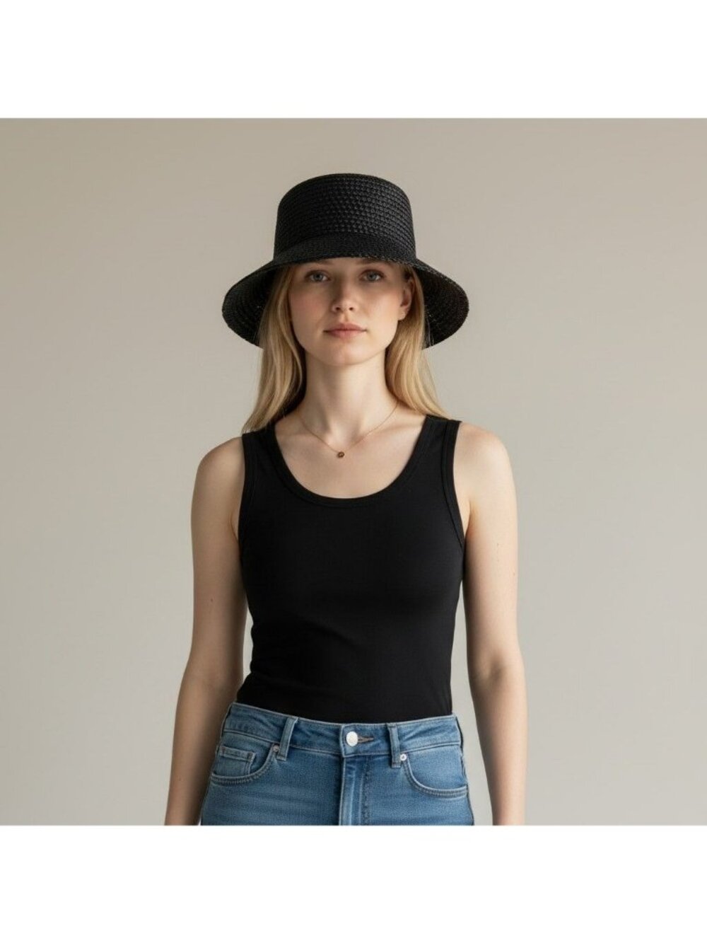NWT J. Crew Wide Brim Black Raffia Bucket Hat M/L Packable Beach Travel Sun M L